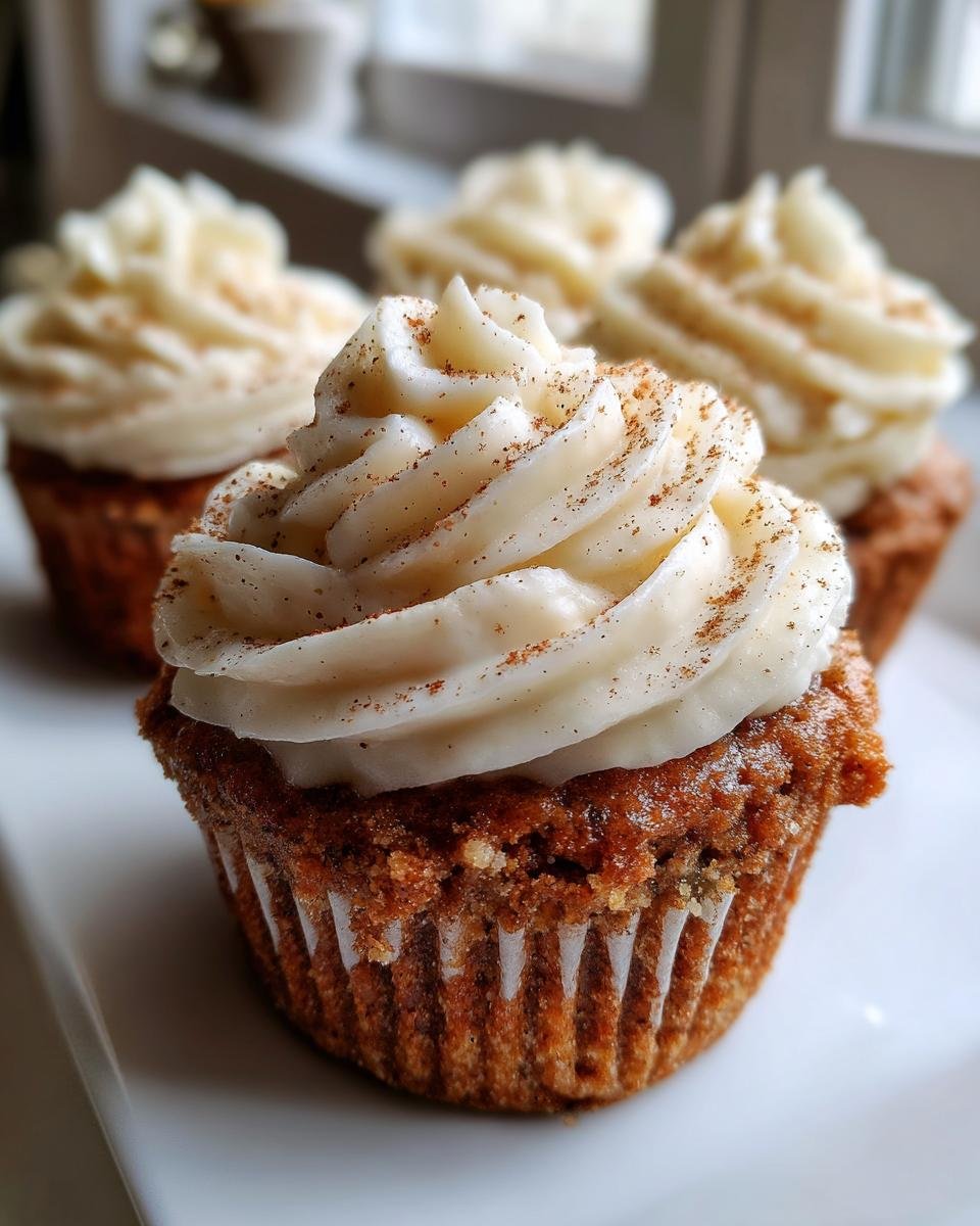 Close-up of an Eggnog Cupcakes Cream Cheese Frosting, topped with cinnamon dusting.