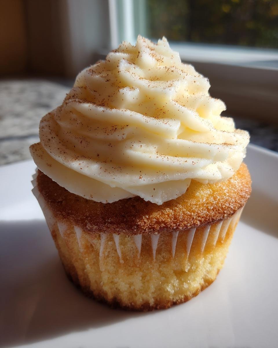 A single, perfectly baked cupcake topped with swirls of cream cheese frosting and a dusting of nutmeg, representing Eggnog Cupcakes Cream Cheese Frosting.