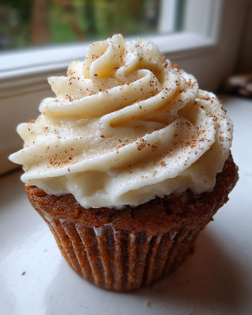 A single, perfectly frosted Eggnog Cupcakes Cream Cheese Frosting sprinkled with nutmeg, sitting near a window.