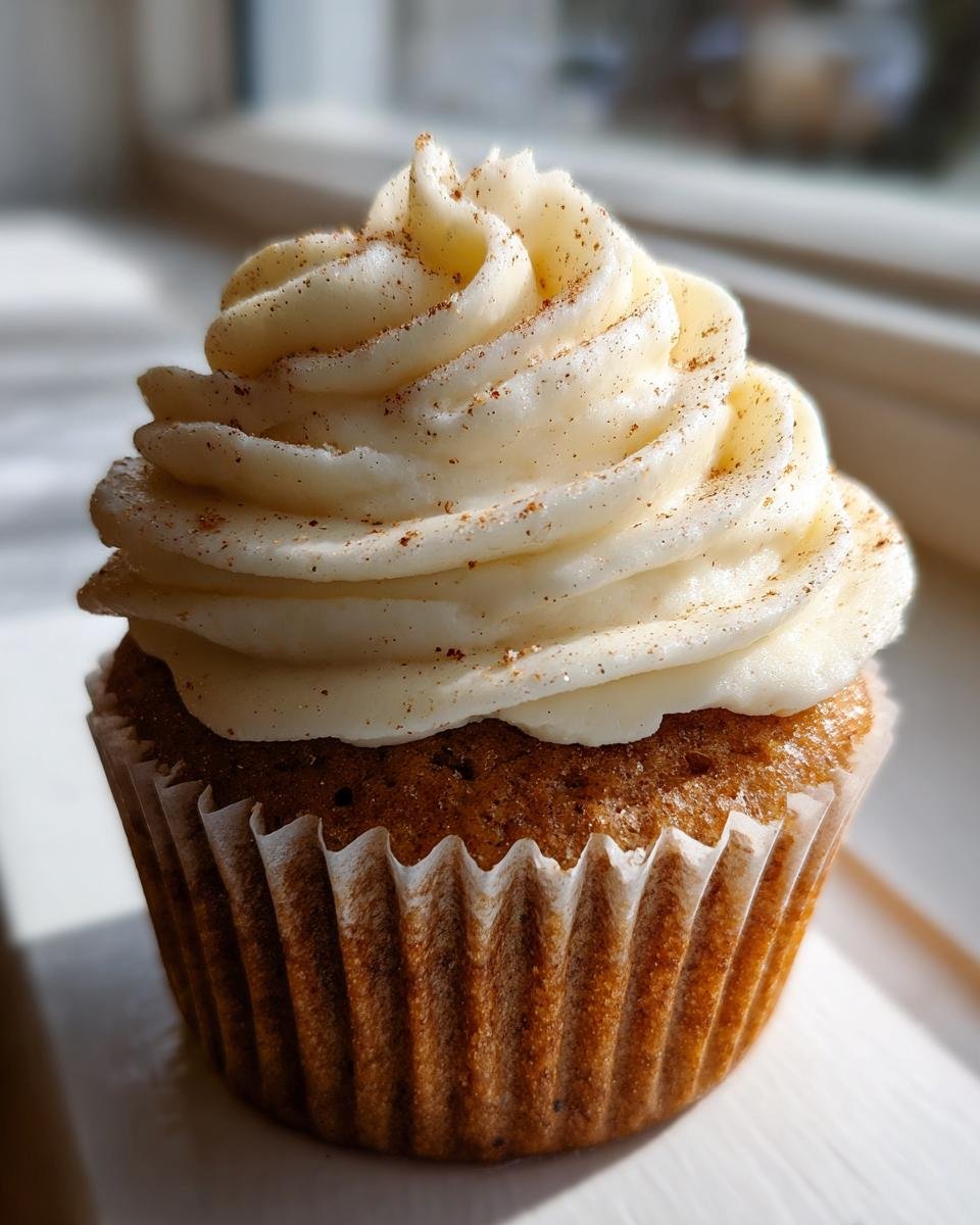 A single, richly spiced Eggnog Cupcakes Cream Cheese Frosting, beautifully piped and dusted with nutmeg.