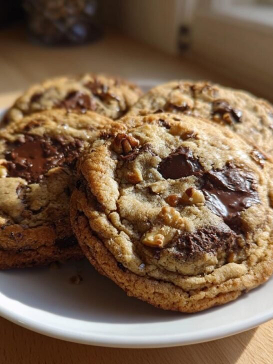 Four freshly baked Espresso Rye Pecan Chocolate Chip Cookies piled on a white plate.