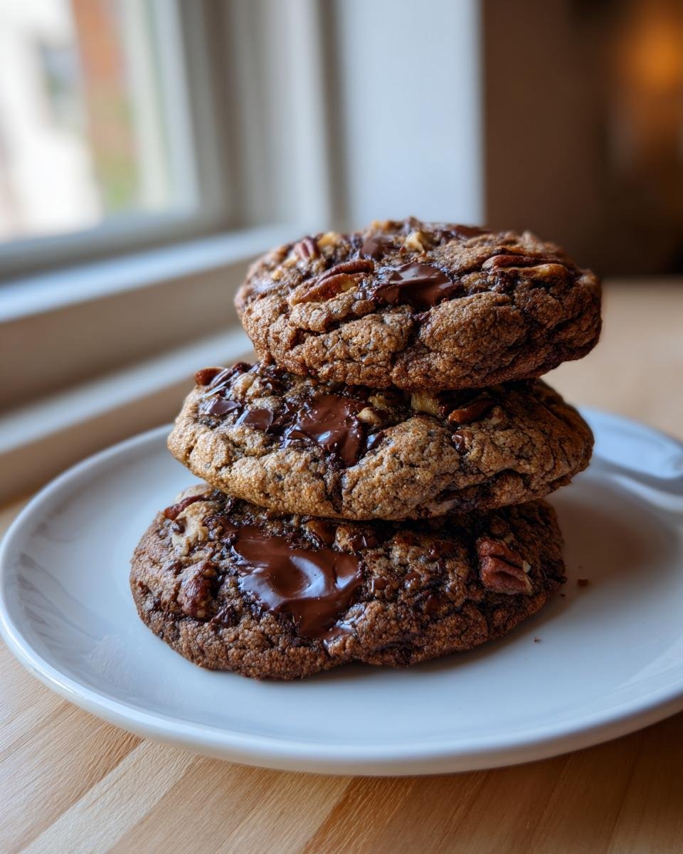 Three gooey Espresso Rye Pecan Chocolate Chip Cookies stacked on a white plate with melted chocolate.