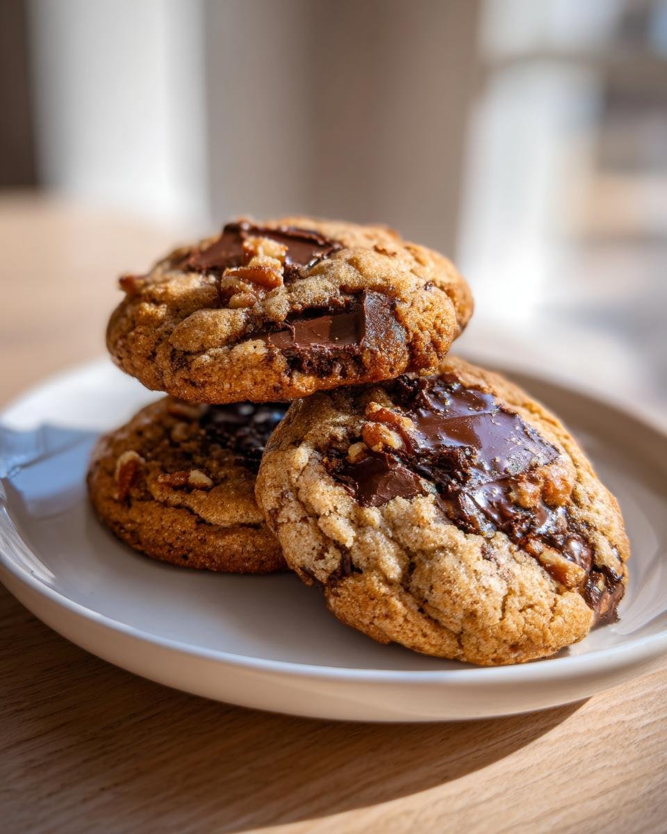 Three freshly baked Espresso Rye Pecan Chocolate Chip Cookies stacked on a white plate.