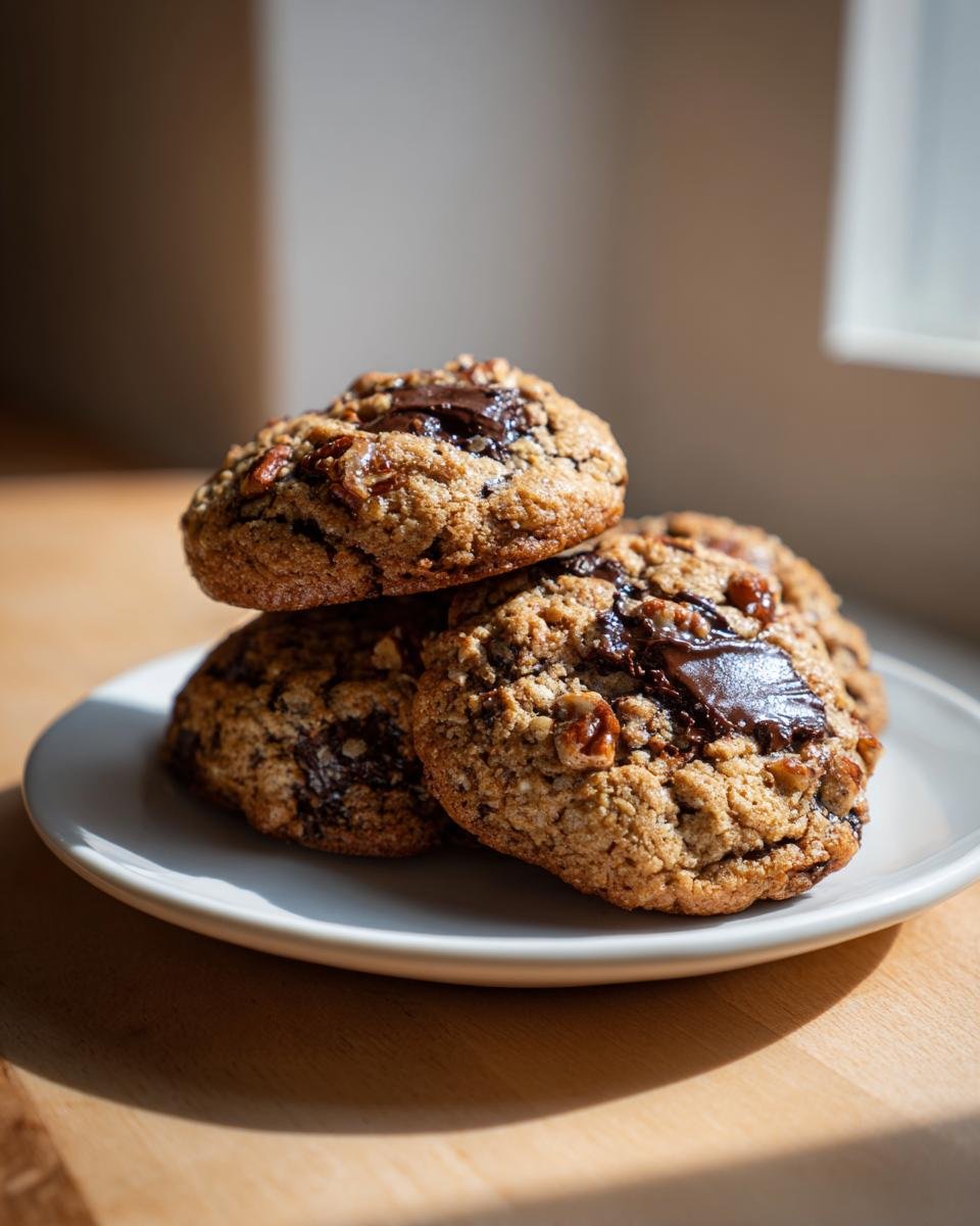 A stack of three freshly baked Espresso Rye Pecan Chocolate Chip Cookies with melted chocolate chips on a white plate.