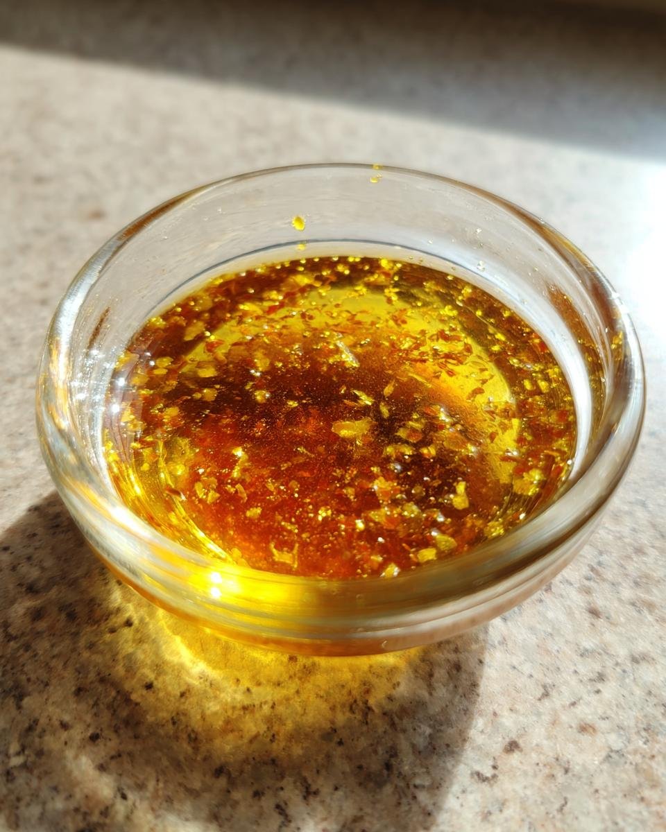 Close-up of golden Everyday Lemon Vinaigrette Dressing with visible zest flakes in a small glass bowl.