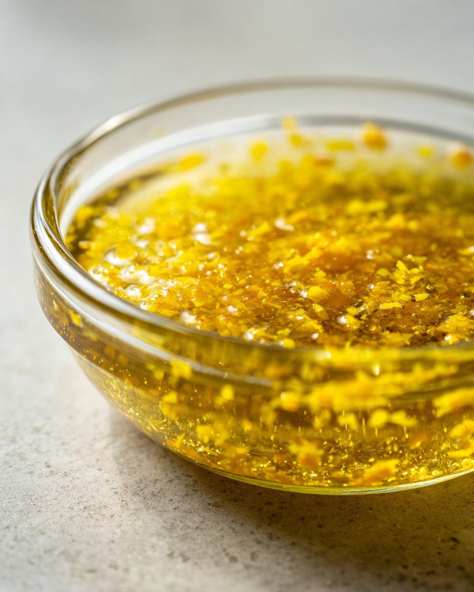 Close-up of bright yellow Everyday Lemon Vinaigrette Dressing with visible zest floating in oil.