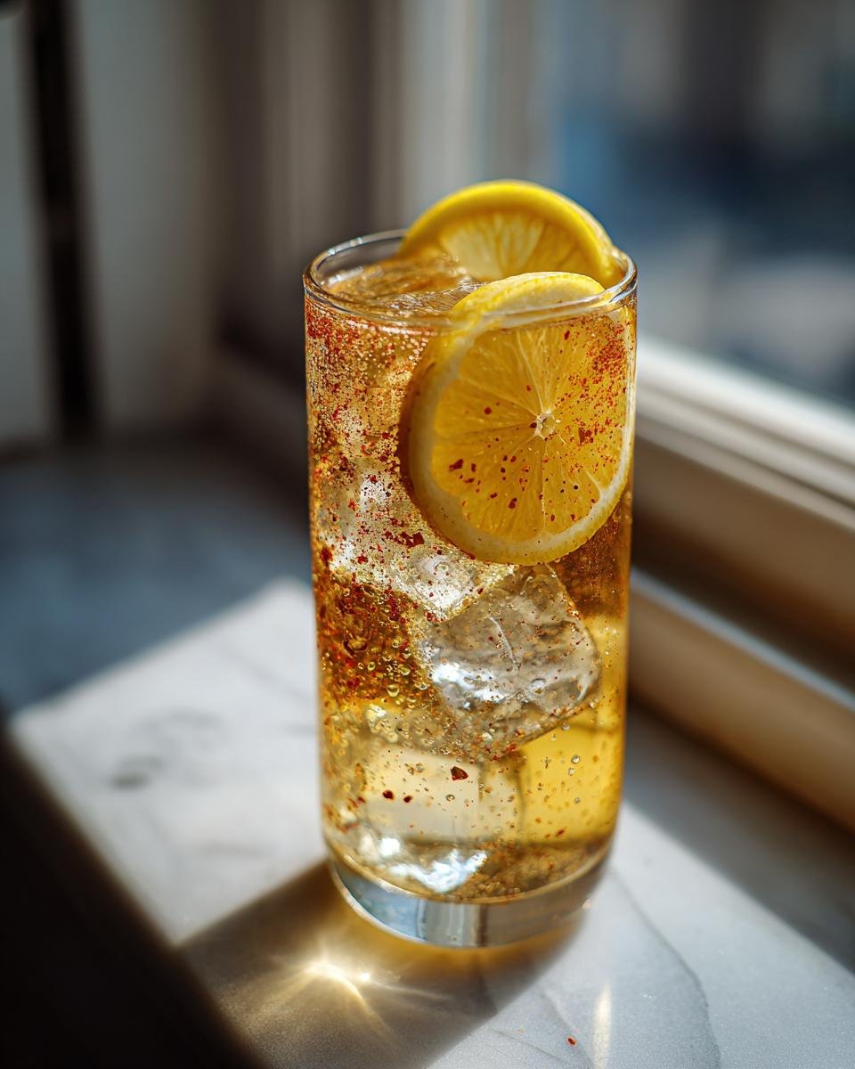 A tall glass of Fancy Hot Honey Lemon Mocktail garnished with lemon slices and sprinkled with red spice.
