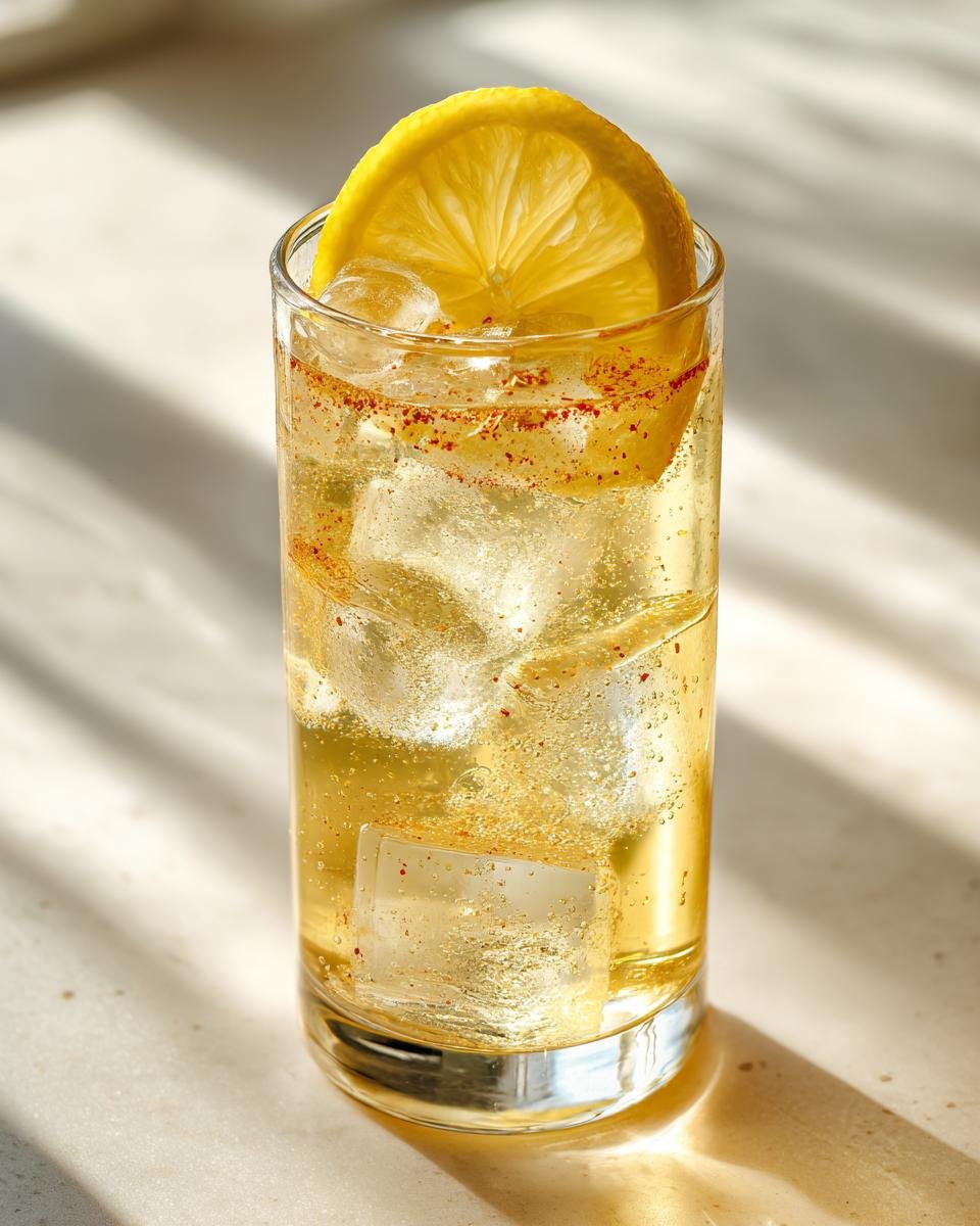 Close-up of a tall glass containing a Fancy Hot Honey Lemon Mocktail, ice, and a lemon wheel garnish dusted with spice.