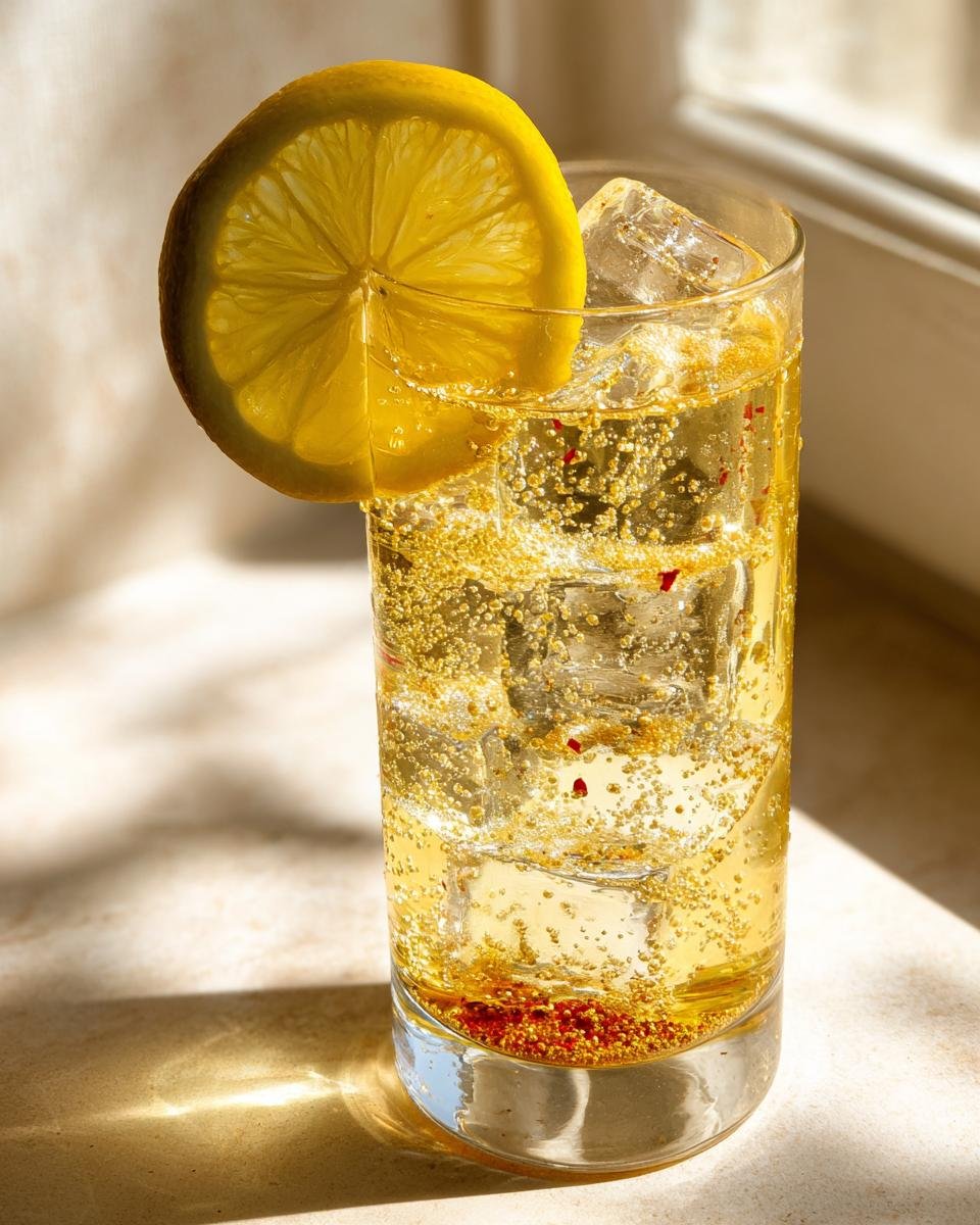 Close-up of a Fancy Hot Honey Lemon Mocktail, showing bubbles, ice, and a lemon slice garnish.