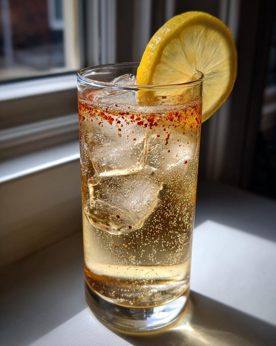 A tall glass containing a sparkling Fancy Hot Honey Lemon Mocktail, ice, and chili flakes, garnished with a lemon wheel.
