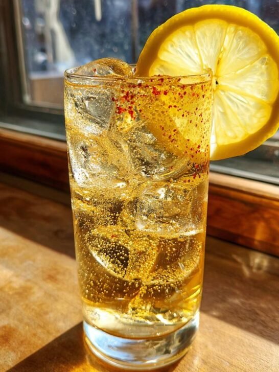 A tall glass filled with an effervescent Fancy Hot Honey Lemon Mocktail, ice, and garnished with a lemon wheel.