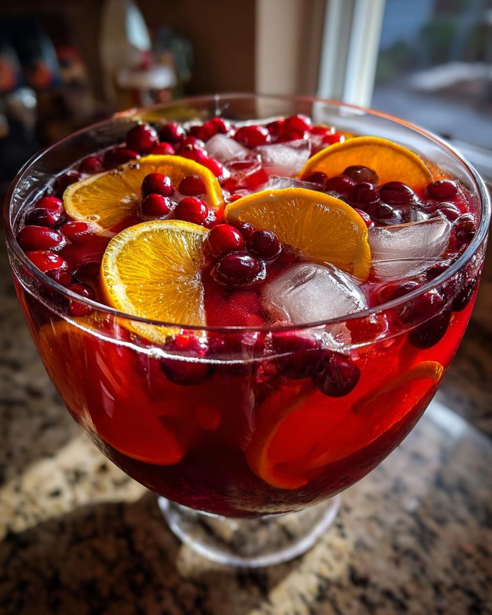 Close-up of a large glass bowl filled with vibrant red Thanksgiving Punch, garnished with orange slices, cranberries, and ice cubes.