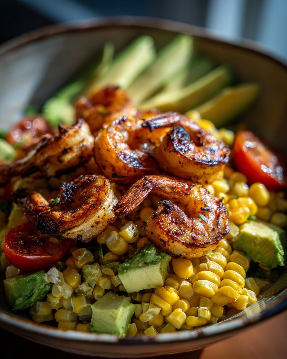 Close-up of a Flavorful Avocado Corn Salad With Grilled Shrimp, featuring grilled shrimp, corn, avocado, and cherry tomatoes.