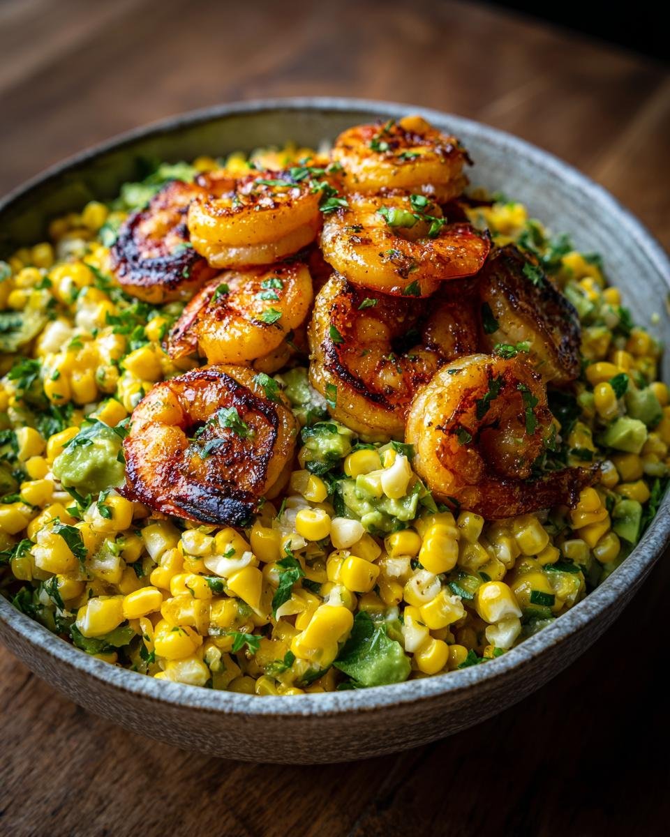A bowl of flavorful avocado corn salad topped with perfectly grilled shrimp and fresh herbs.
