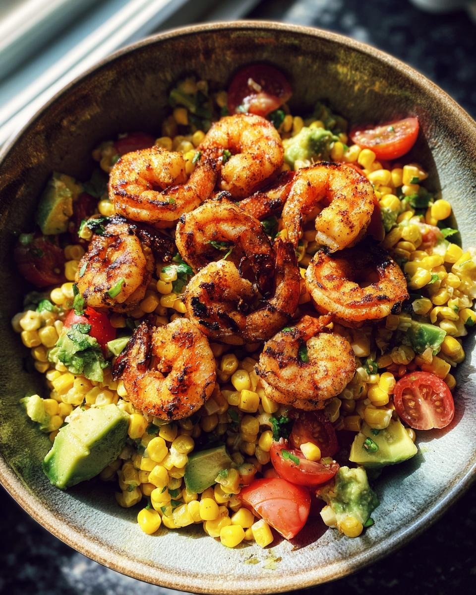 Close-up of a bowl of Flavorful Avocado Corn Salad With Grilled Shrimp, featuring grilled shrimp, corn, avocado, and cherry tomatoes.