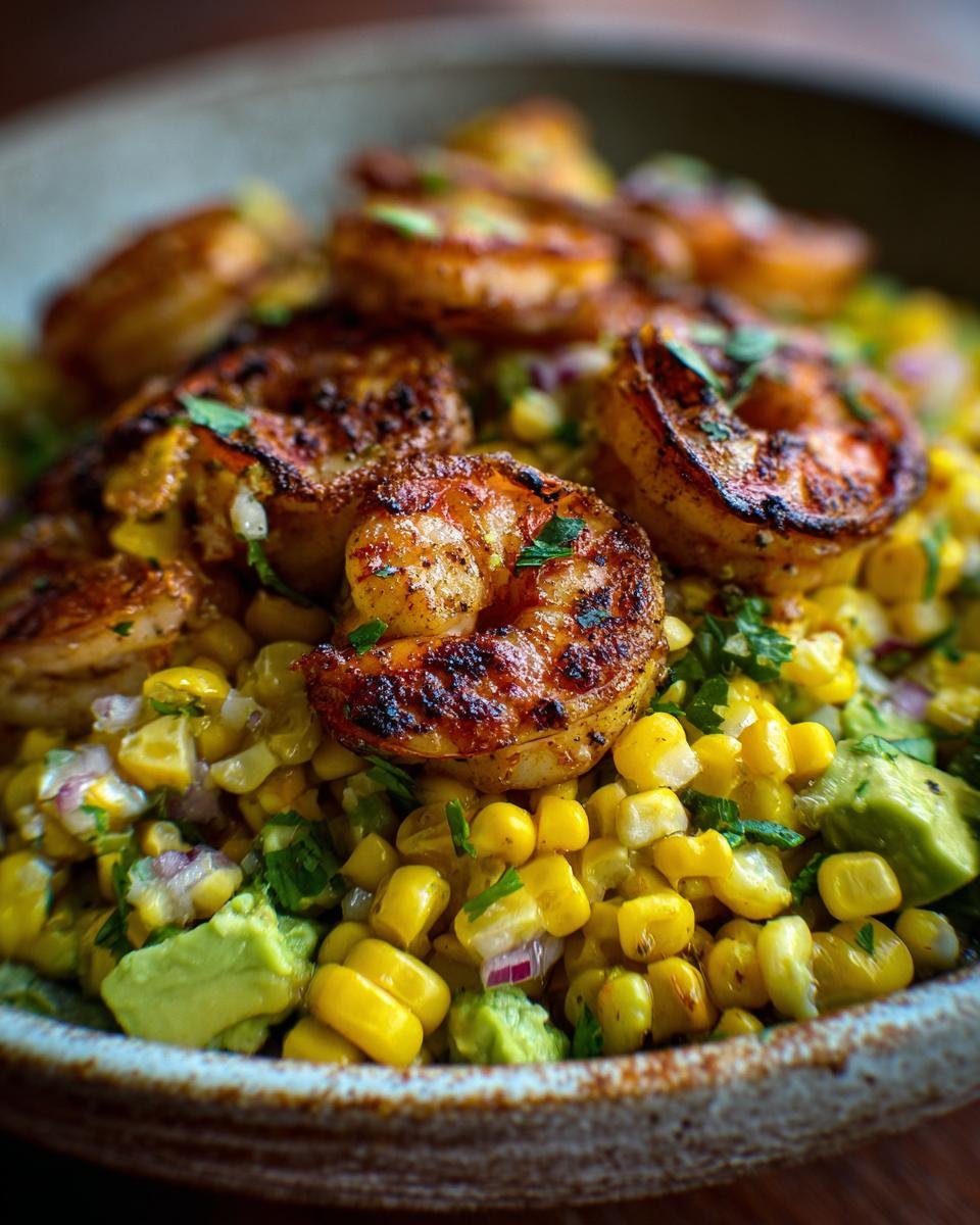 Close-up of a bowl of Flavorful Avocado Corn Salad topped with perfectly grilled shrimp and fresh cilantro.