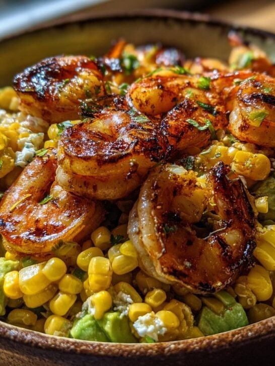 Close-up of a bowl of Flavorful Avocado Corn Salad With Grilled Shrimp, featuring grilled shrimp, corn, avocado, and crumbled cheese.