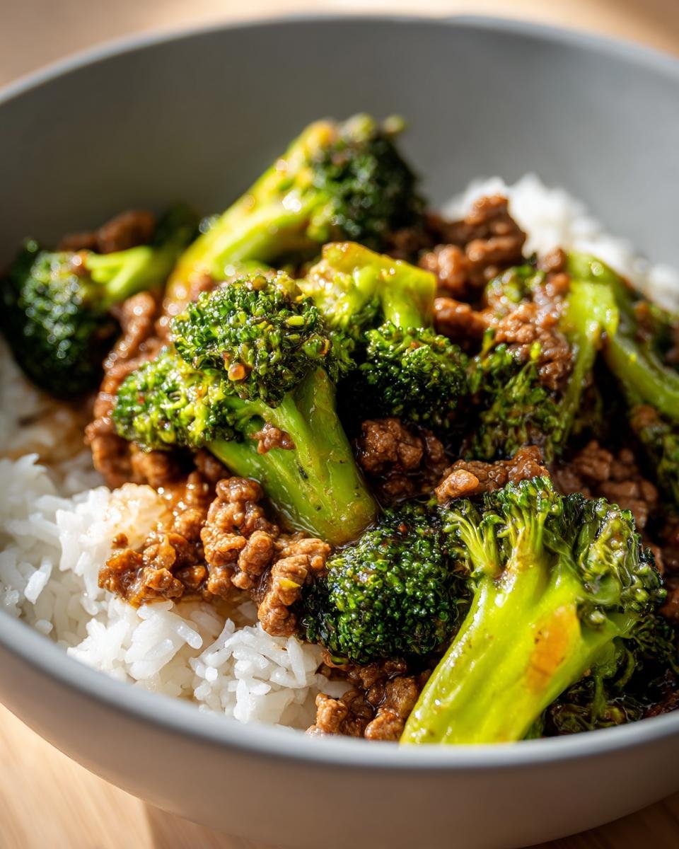 Close-up of a bowl filled with white rice topped with flavorful ground beef and broccoli stir fry.