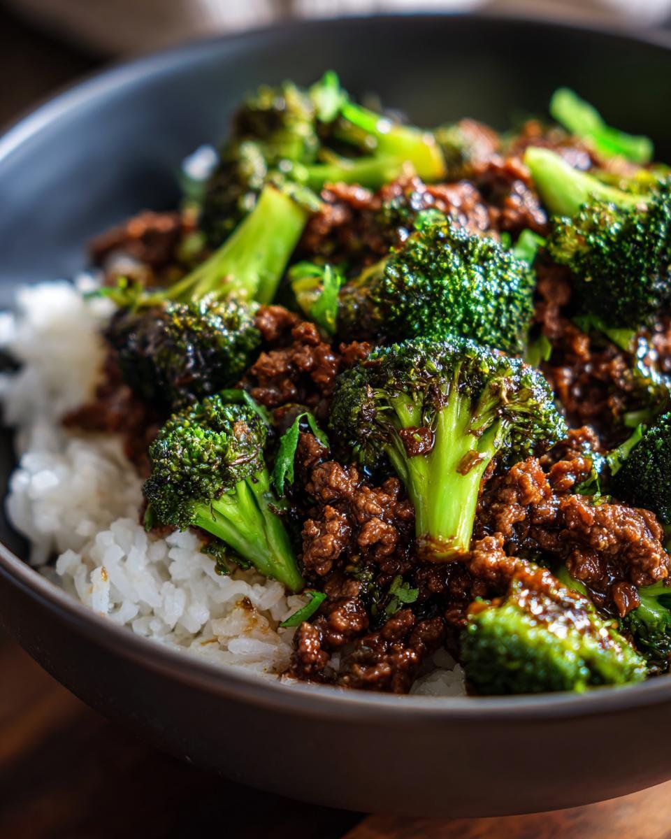 Close-up of a bowl of flavorful ground beef and broccoli stir fry served over white rice.