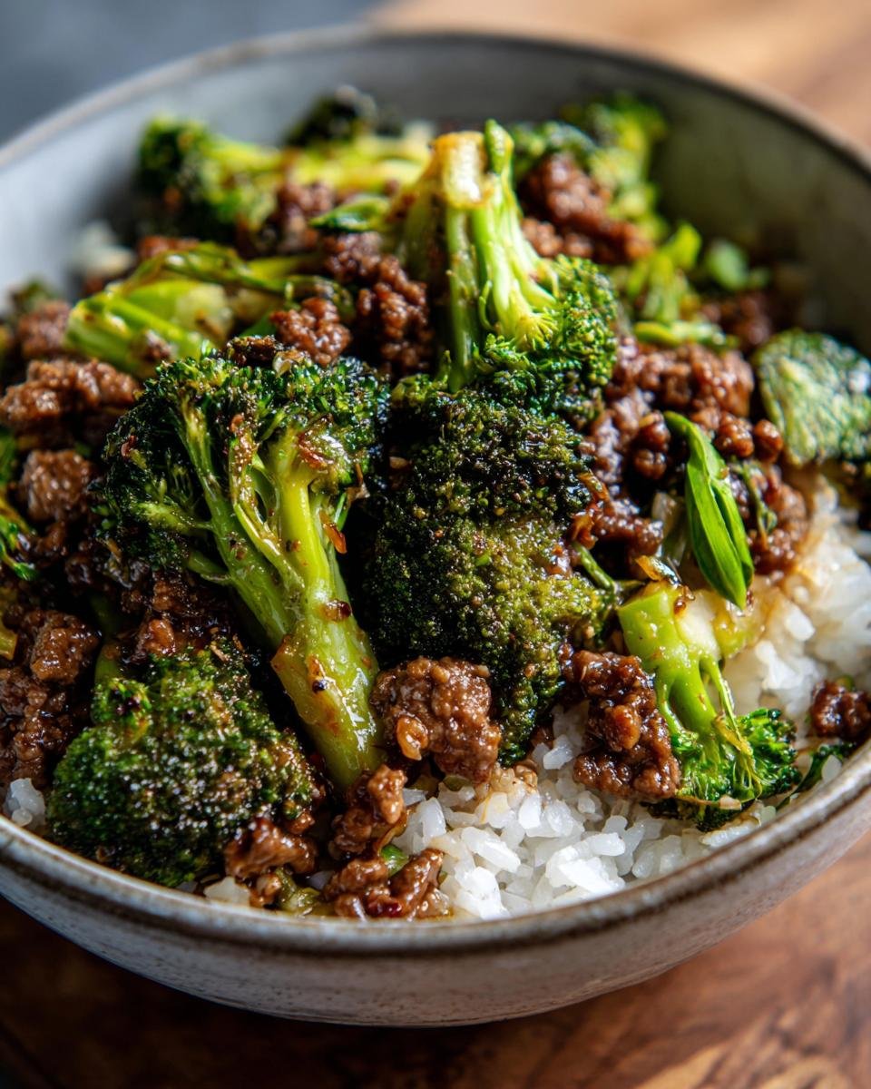 Close-up of a bowl filled with fluffy white rice topped with a generous serving of flavorful ground beef and broccoli stir fry.