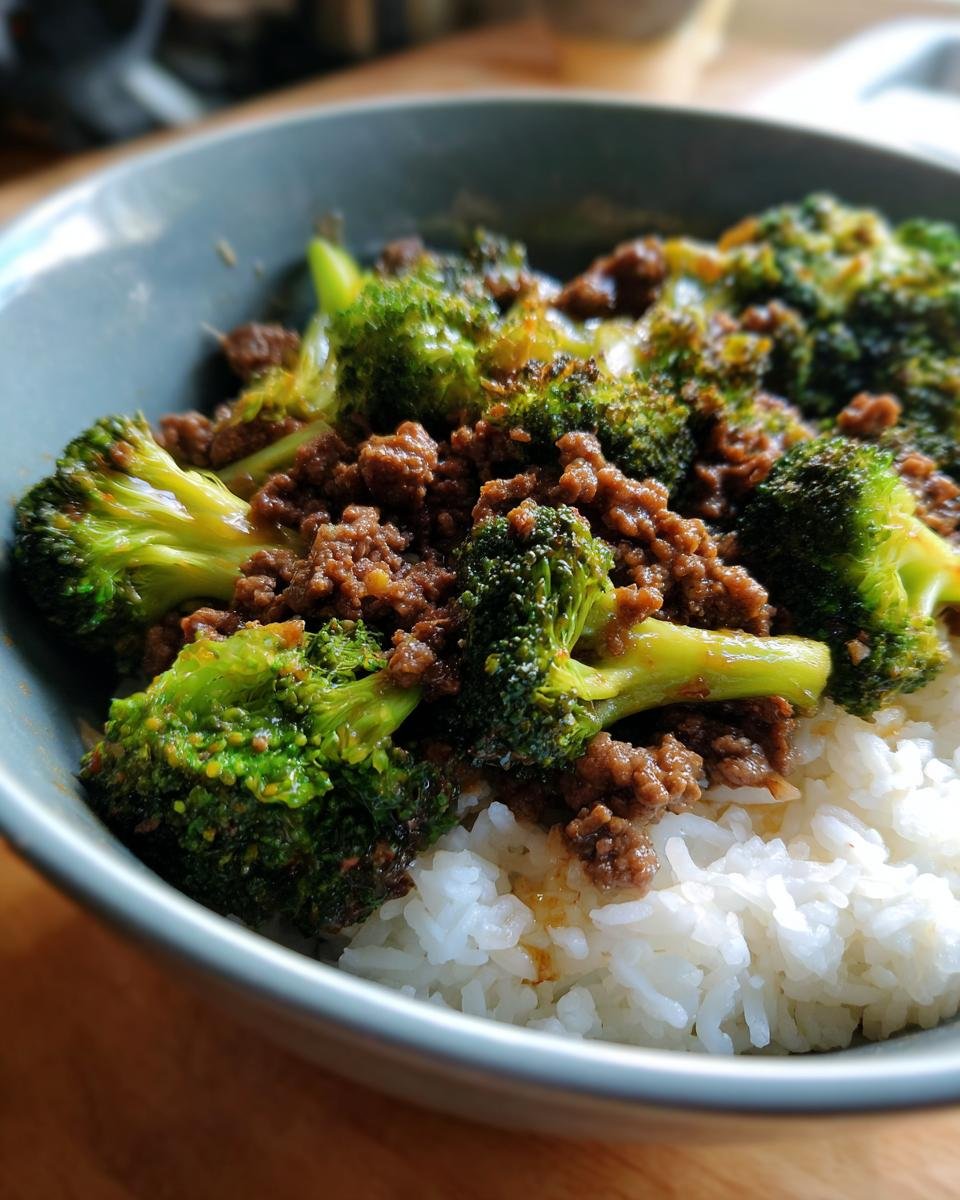 A close-up of a bowl filled with fluffy white rice topped with a savory ground beef and broccoli stir fry.
