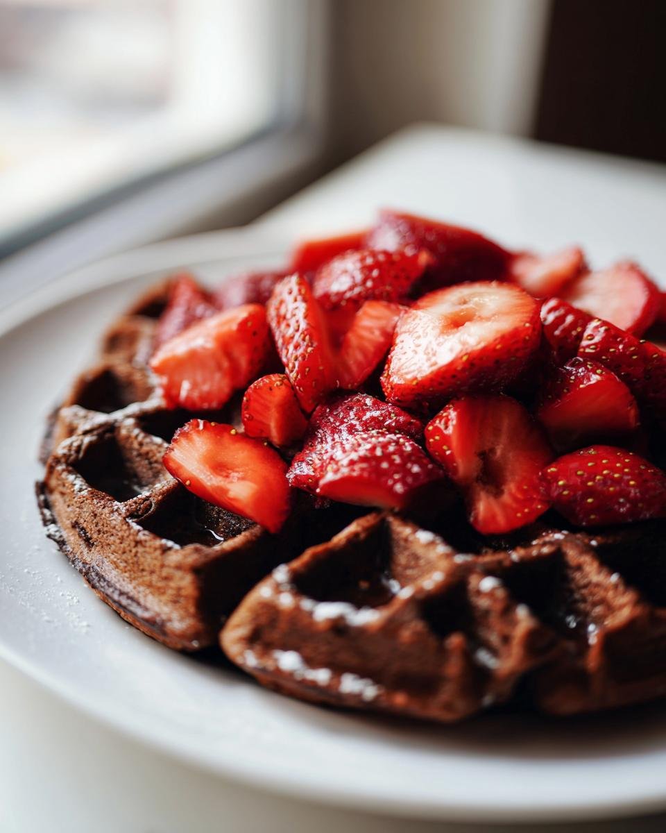 Close-up of a dark, rich Flourless Espresso Chocolate Waffle topped generously with sliced fresh strawberries.