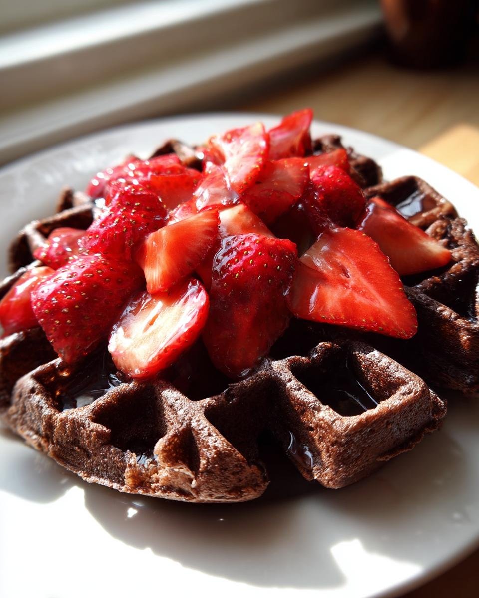 Close-up of a dark, rich Flourless Espresso Chocolate Waffle topped with glistening sliced strawberries and syrup.