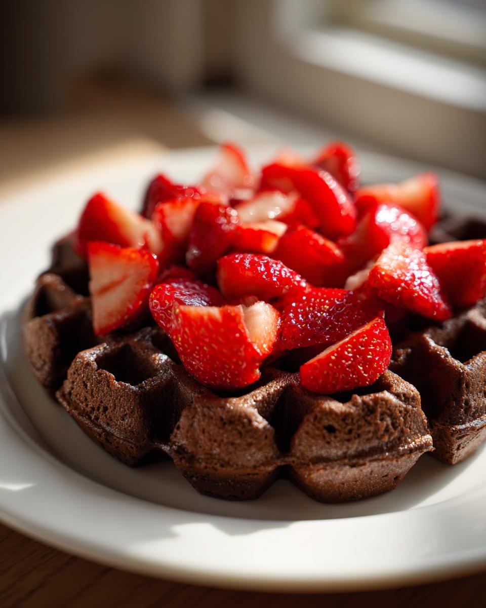 Close-up of a dark, rich Flourless Espresso Chocolate Waffle topped generously with sliced fresh strawberries.