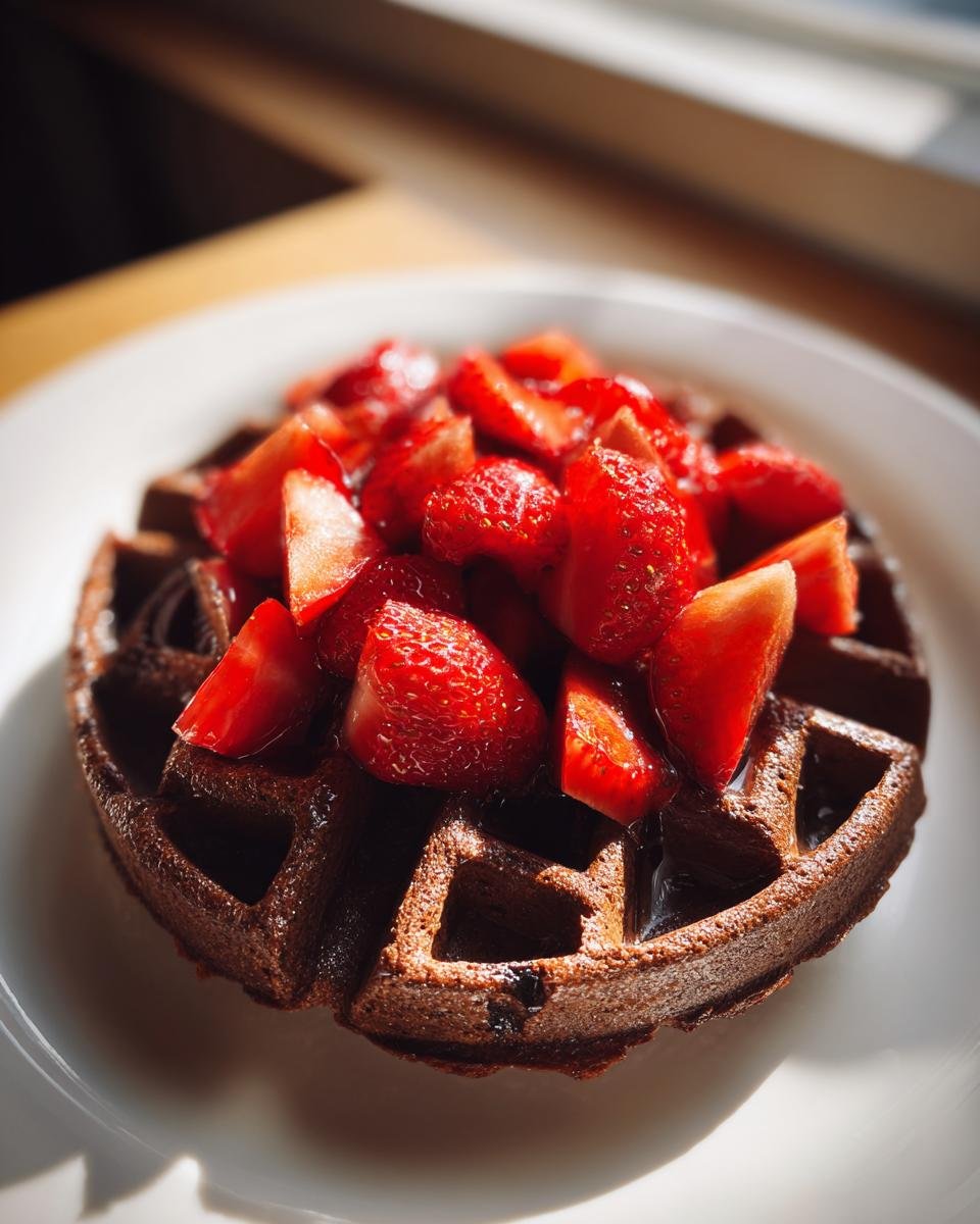 A dark, rich Flourless Espresso Chocolate Waffle topped generously with sliced, glossy strawberries.