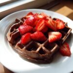A dark, rich Flourless Espresso Chocolate Waffle topped generously with sliced fresh strawberries on a white plate.