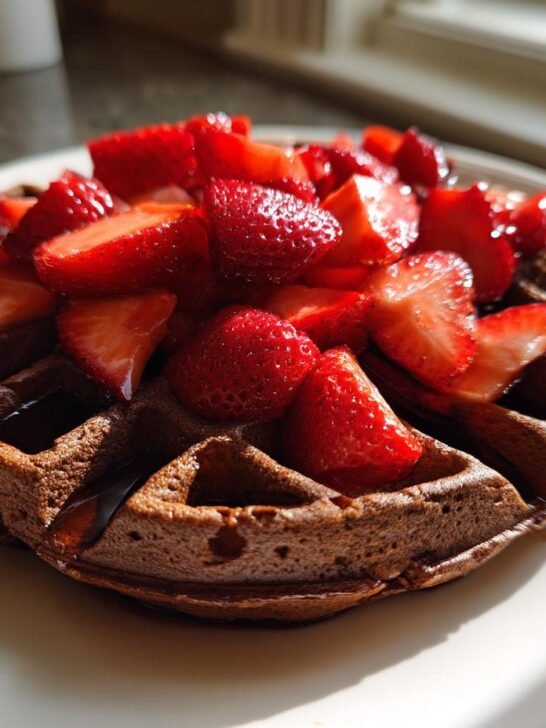 A dark chocolate waffle topped generously with fresh sliced strawberries, ready to eat.