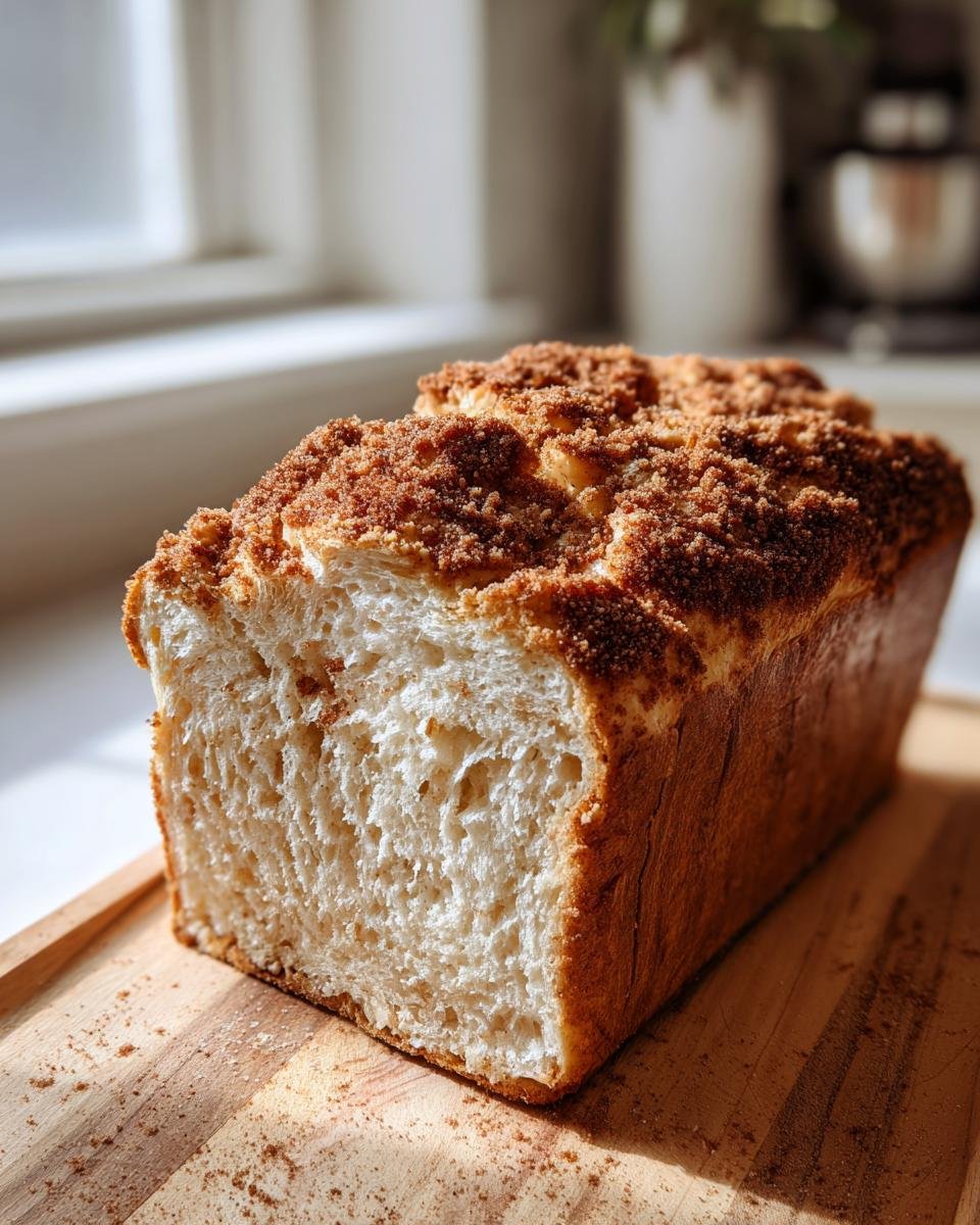A golden-brown loaf of Fluffy Cinnamon Crunch Bread with a crumbly cinnamon sugar topping, sliced to reveal its airy interior.