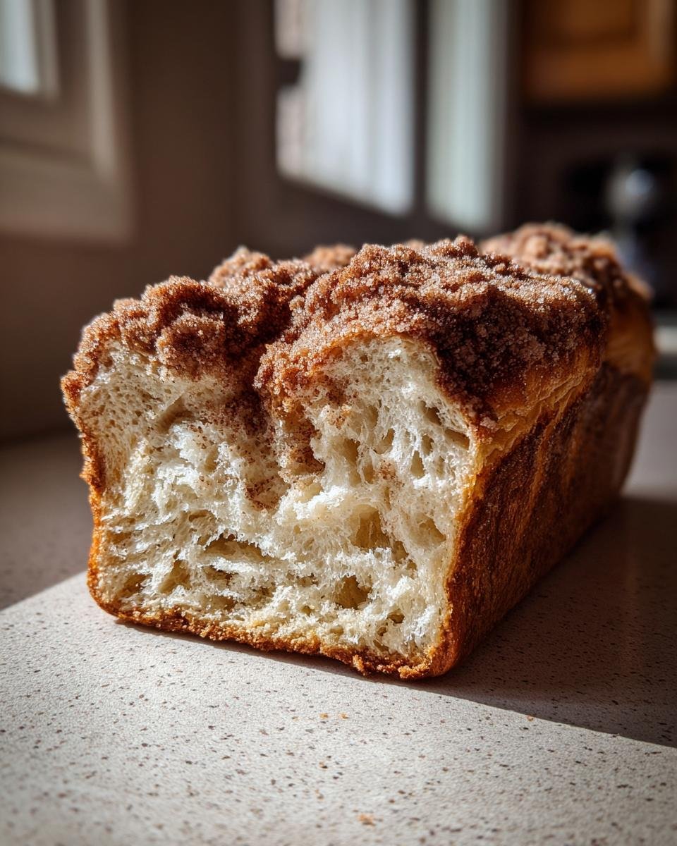 A loaf of Fluffy Cinnamon Crunch Bread with a golden-brown crust and a visible crumb structure, topped with cinnamon sugar.