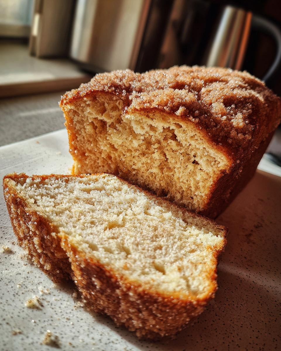 A loaf of Fluffy Cinnamon Crunch Bread with two slices cut, showing a golden-brown crust and soft interior.
