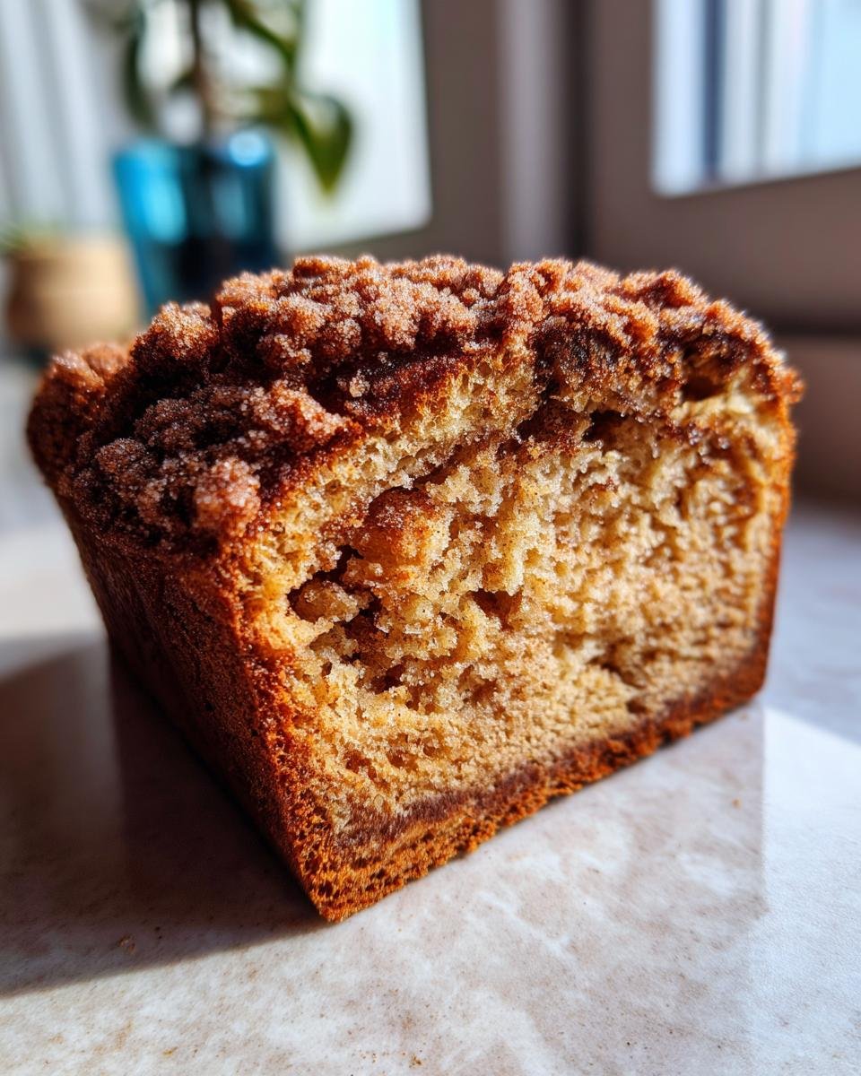 A close-up of a slice of Fluffy Cinnamon Crunch Bread, showing its moist crumb and cinnamon sugar topping.