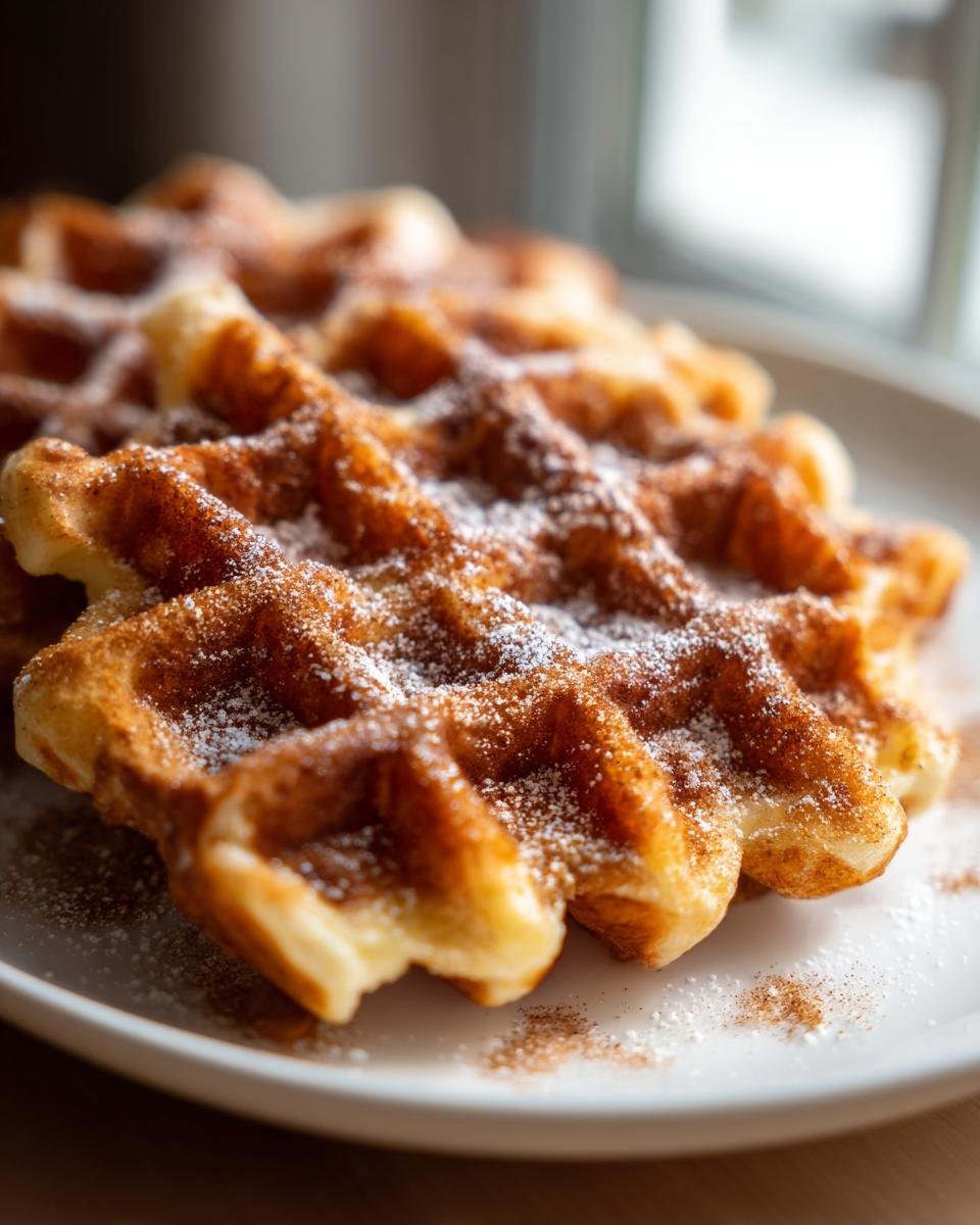 Close-up of golden Fluffy Cinnamon Vegan Belgian Waffles dusted with powdered sugar.