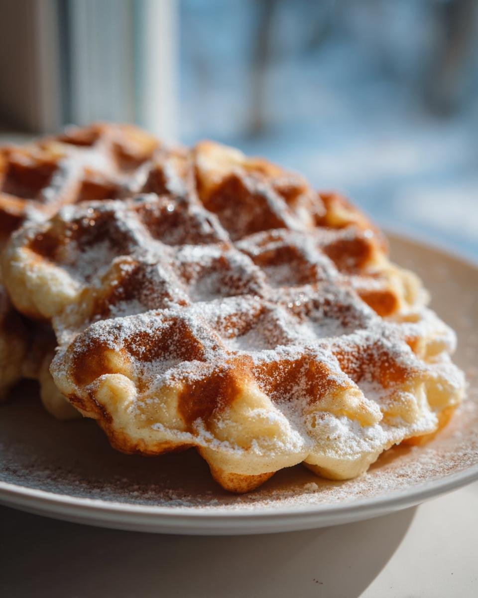 Close-up of fluffy cinnamon vegan Belgian waffles dusted heavily with powdered sugar on a white plate.