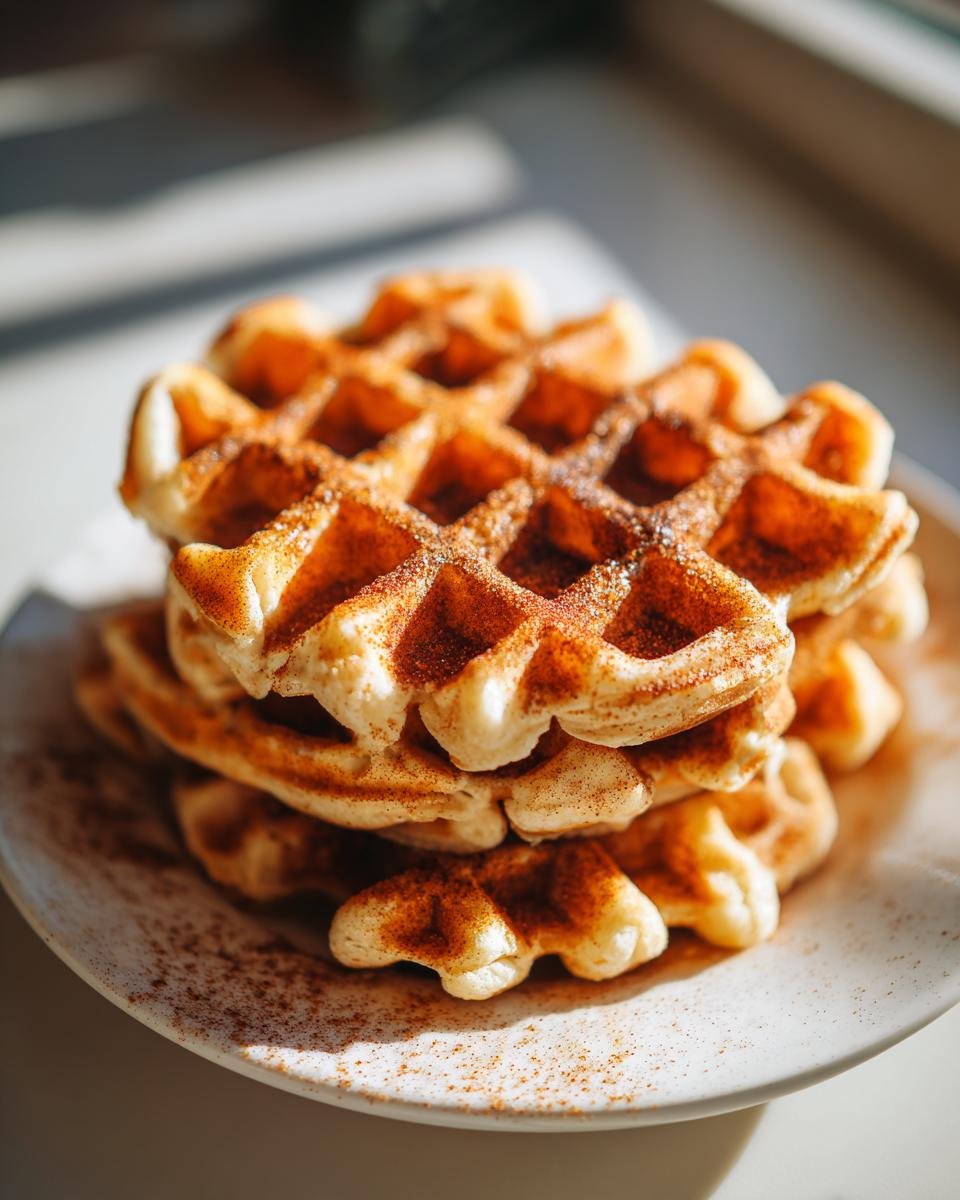 A stack of fluffy cinnamon vegan Belgian waffles dusted generously with cinnamon sugar.