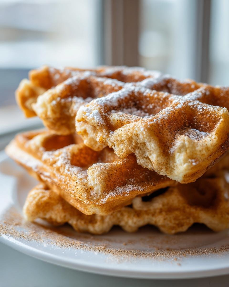 Close-up of a stack of Fluffy Cinnamon Vegan Belgian Waffles dusted with powdered sugar.