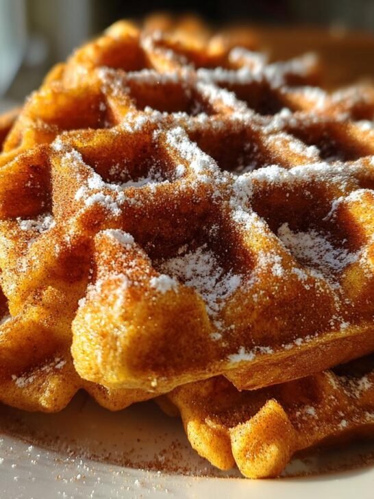 Close-up of a stack of Fluffy Cinnamon Vegan Belgian Waffles dusted with powdered sugar.