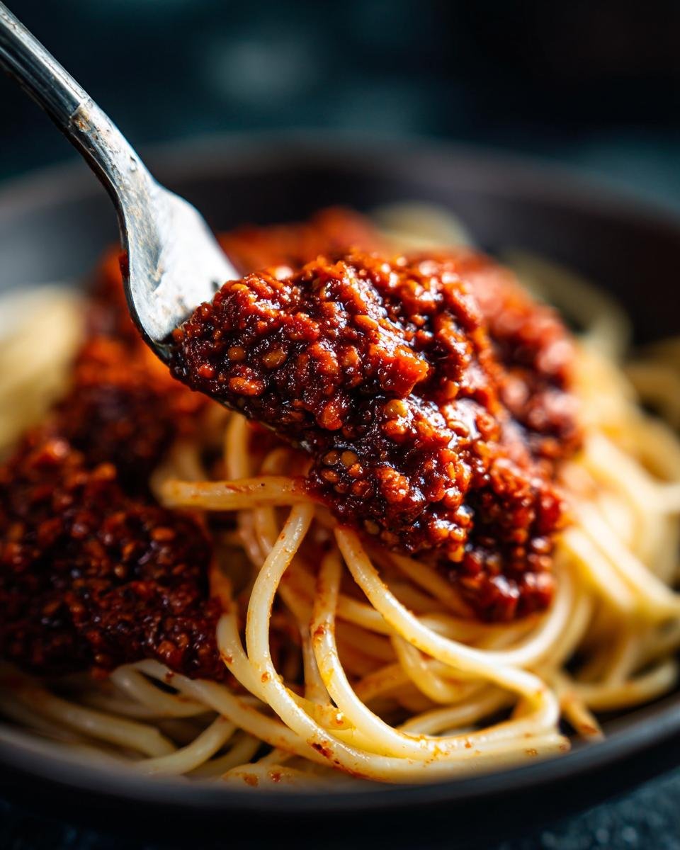 Close-up of a fork lifting a rich, textured portion of Vegan Bolognese sauce over a bed of spaghetti noodles.