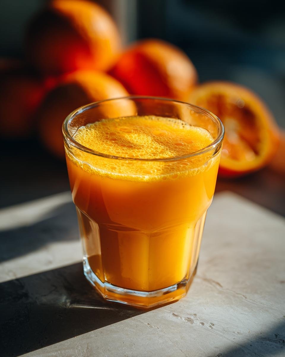 A close-up of a glass filled with freshly squeezed orange juice, with a frothy top, and oranges in the background.