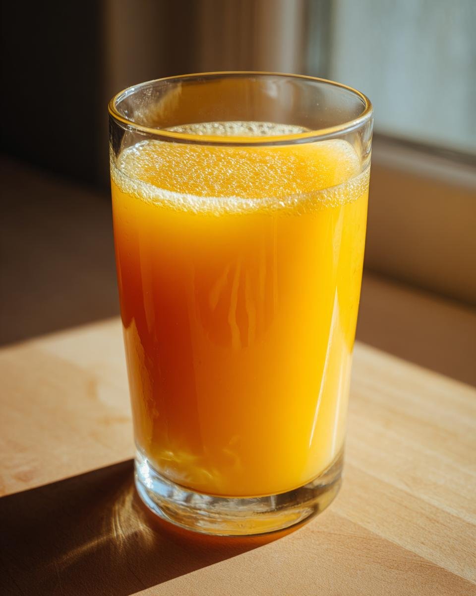 A clear glass filled with vibrant, freshly squeezed orange juice, topped with a frothy layer, on a wooden surface.