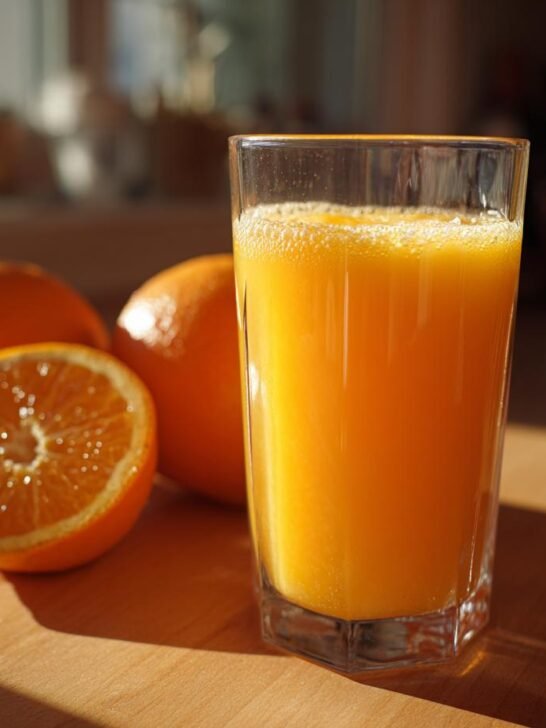 A tall glass filled with vibrant, freshly squeezed orange juice, next to whole and halved oranges on a wooden surface.