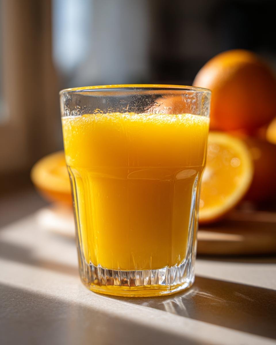 A close-up of a glass filled with freshly squeezed orange juice, with oranges and orange slices blurred in the background.
