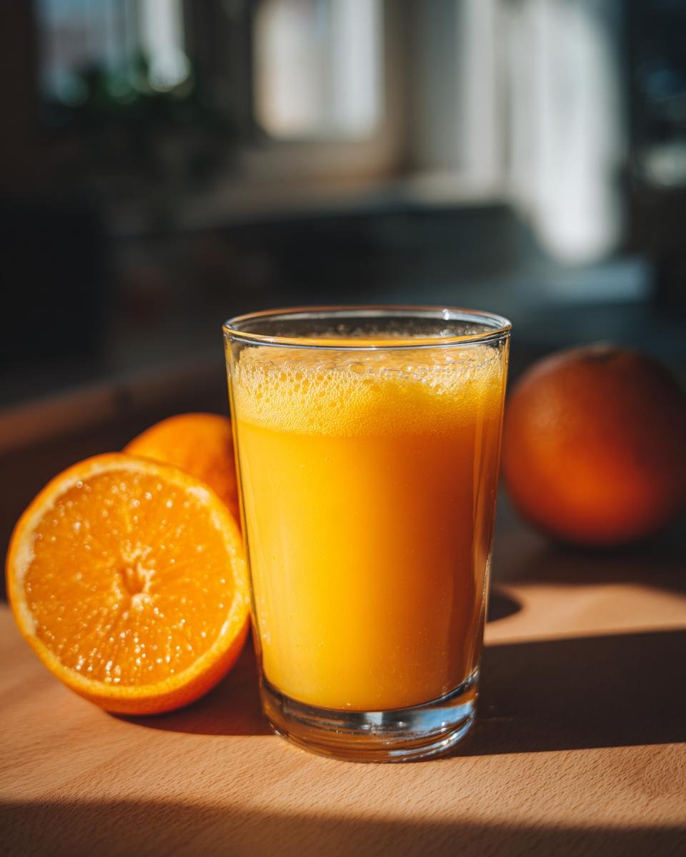 A glass filled with freshly squeezed orange juice, with whole and halved oranges nearby.