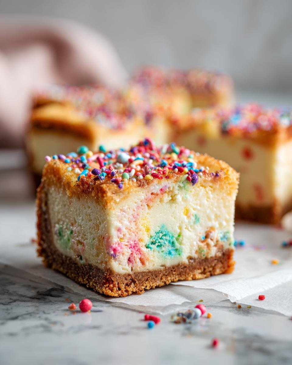 A close-up of a delicious Funfetti Cheesecake Bar, topped with colorful sprinkles and showing colorful cake batter swirls.
