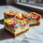 Close-up of three Funfetti Cheesecake Bars topped with colorful sprinkles on a marble surface.