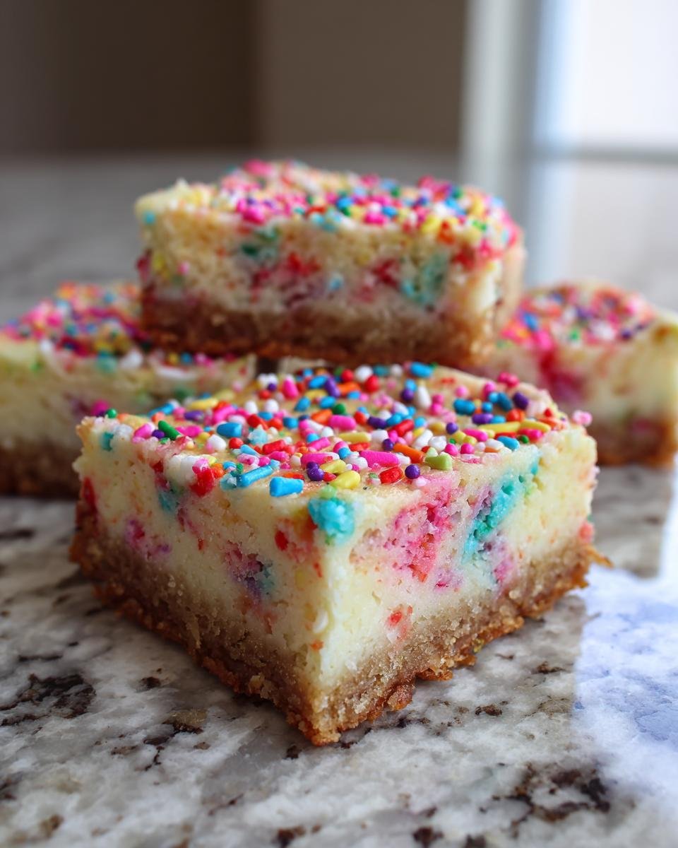 Close-up of delicious Funfetti Cheesecake Bars topped with vibrant rainbow sprinkles.