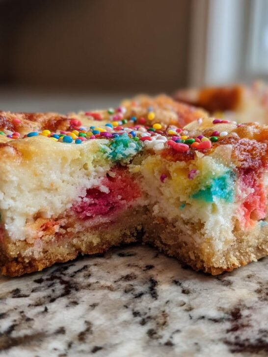 A close-up of a Funfetti Cheesecake Bar, showcasing its colorful interior with pink, blue, and yellow swirls, topped with rainbow sprinkles.